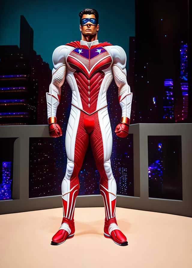 Muscular superhero wax figure in red, white, and blue costume against night skyline