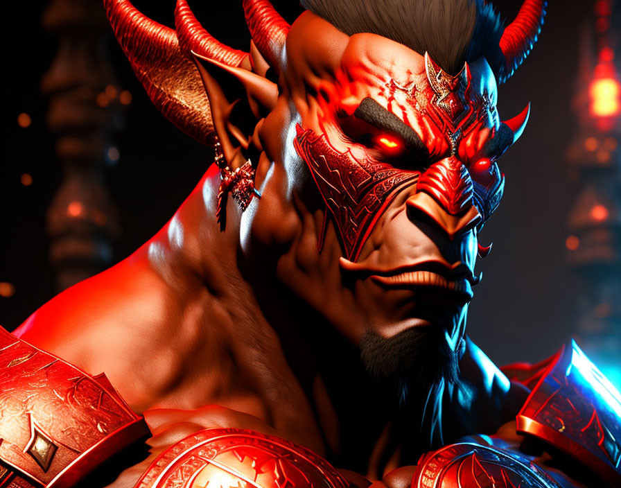 3D-rendered character with horns, glowing eyes, red face paint, and fiery armor