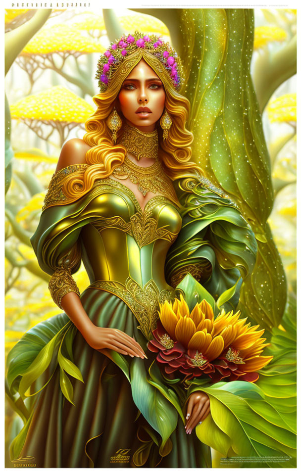 Fantasy woman in golden armor with floral crown in magical forest