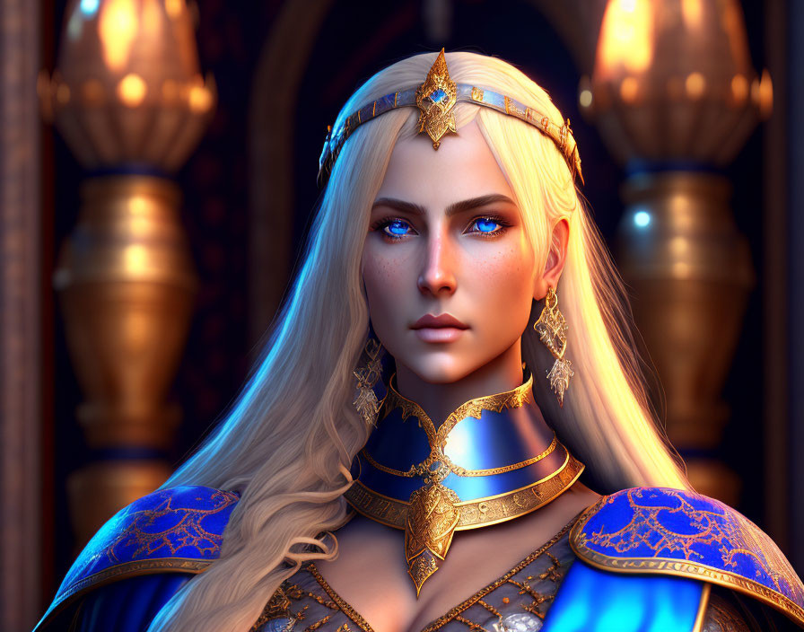 Regal woman with blue eyes in golden crown and armor