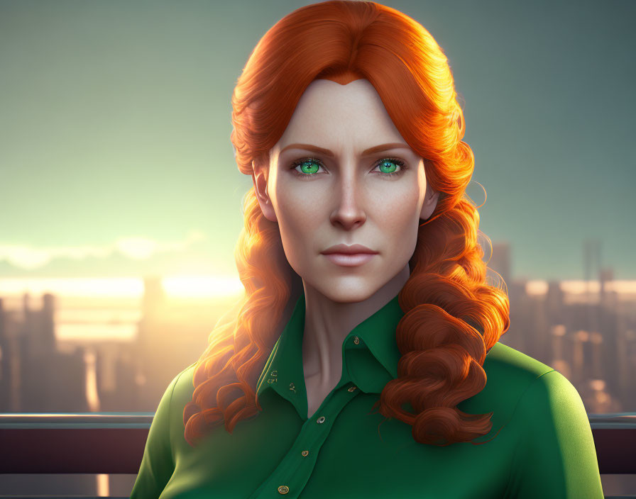 Vibrant red-haired woman in green blouse against cityscape at sunset