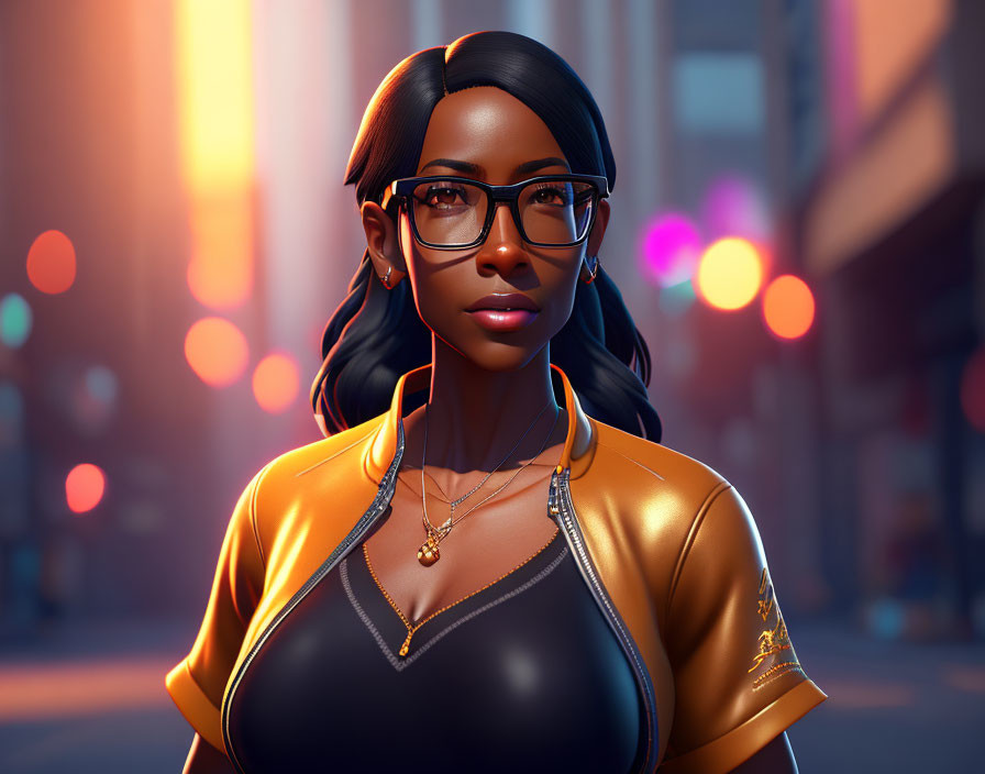 Stylized African-American woman in fashionable black and gold outfit against urban evening backdrop