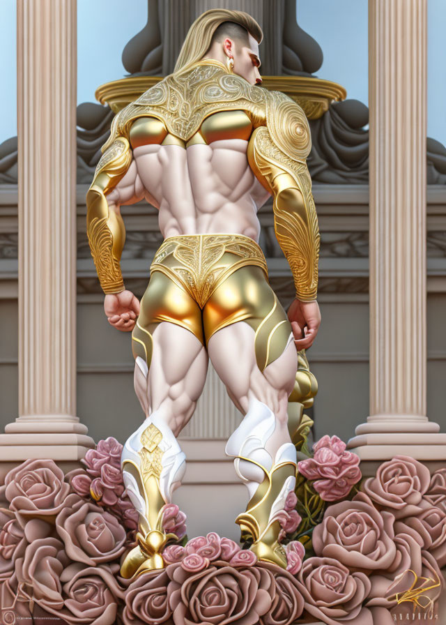 Muscular Figure in Golden Armor Poses Among Pink Roses