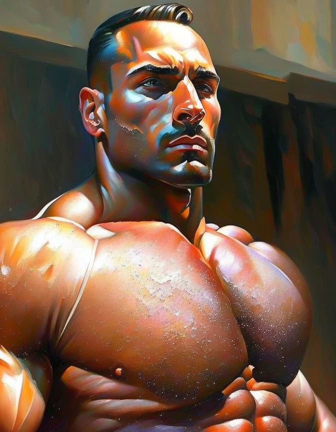 Detailed illustration of stern, muscular man with dramatic lighting