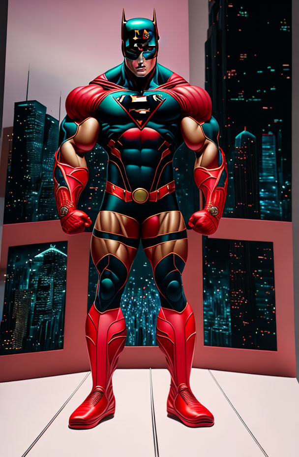 Muscular superhero in red and blue suit with 'N' emblem, standing in front of cityscape