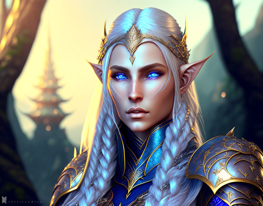 Elven character with sharp features in golden armor and forest background