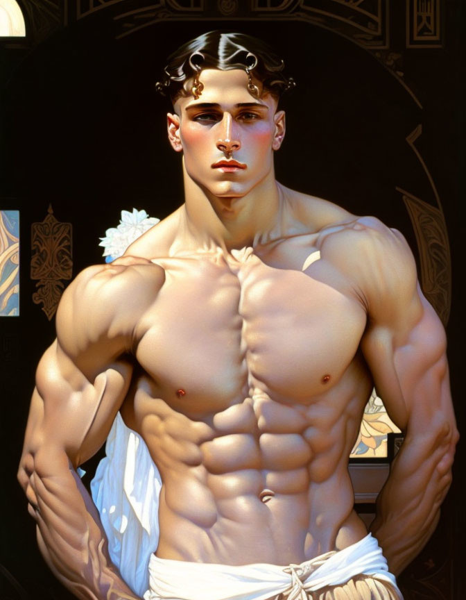 Muscular man with curly hair in white cloth on dark art deco background