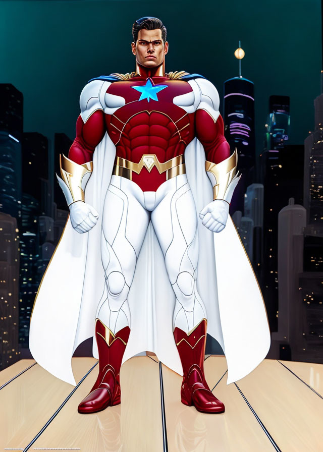 Muscular superhero in red, white, and gold suit in cityscape at night