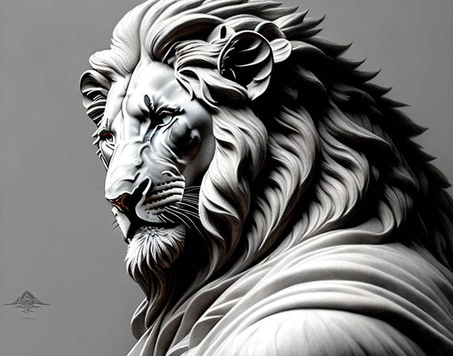 Detailed monochromatic lion art with flowing mane and thoughtful expression on grey background