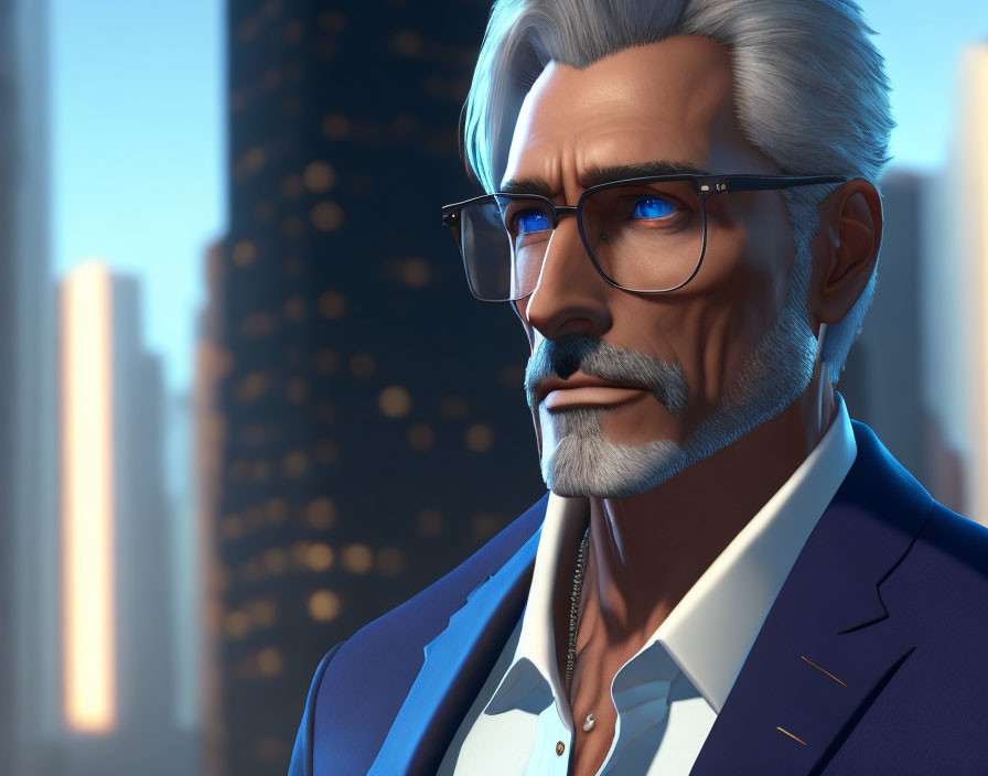 Gray-Haired Man in Blue Suit with Skyscrapers Background