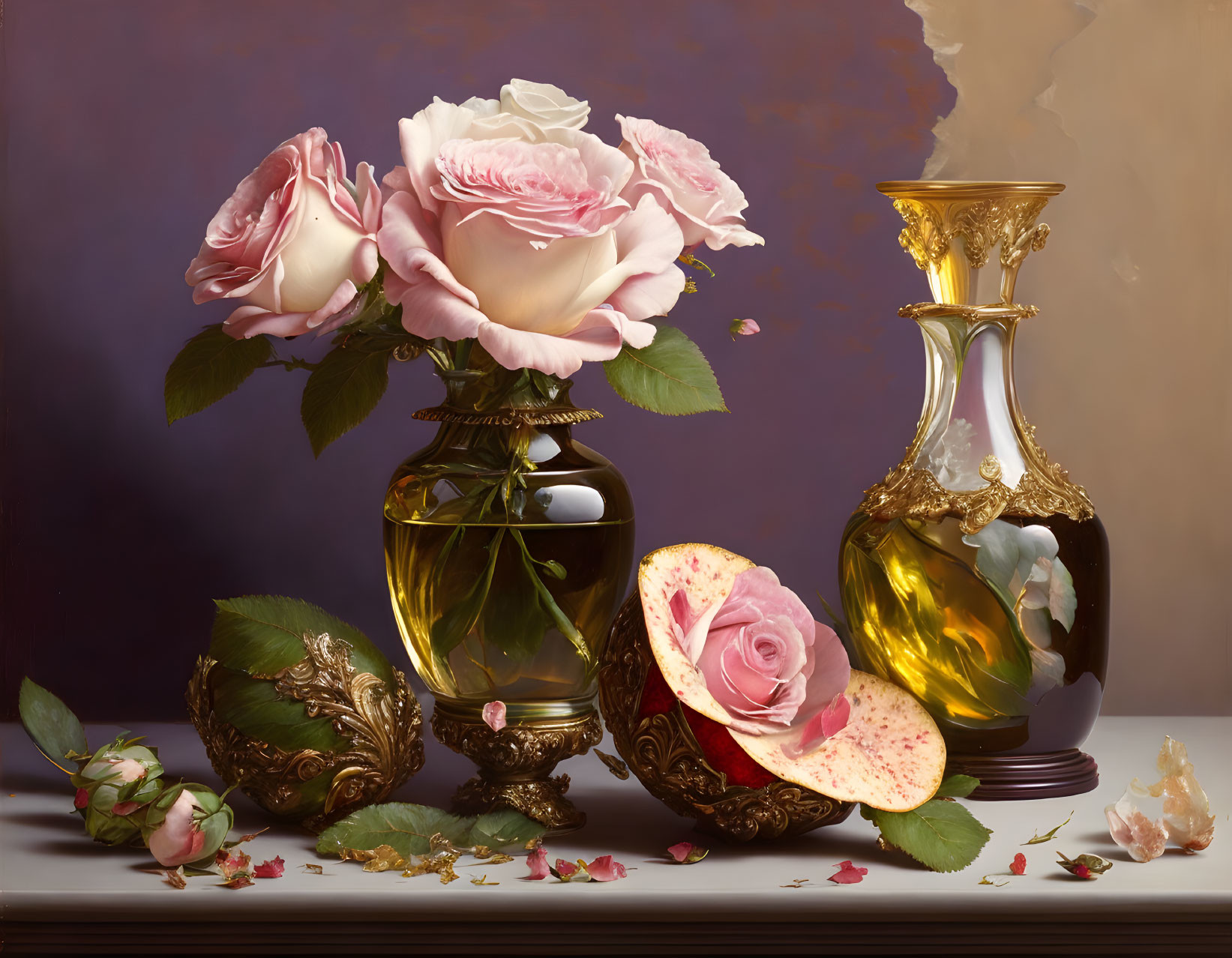 Still Life Image: Blooming Roses, Golden Pitcher, Pomegranate Slices