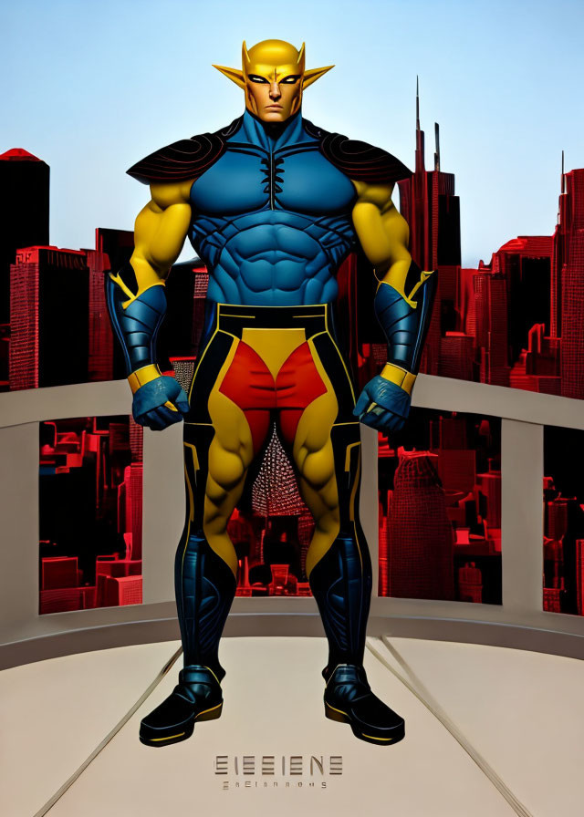 Illustrated superhero in blue suit with red and gold accents against cityscape background