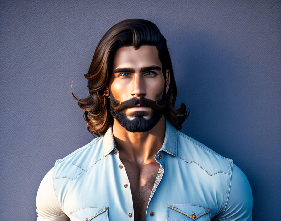 Stylized man with well-groomed beard and long hair in light blue shirt