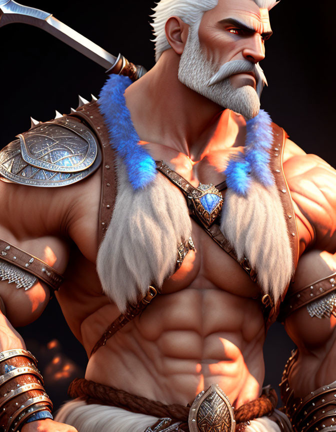 Muscular fantasy warrior with white beard and blue fur pauldron, detailed armor, holding sword