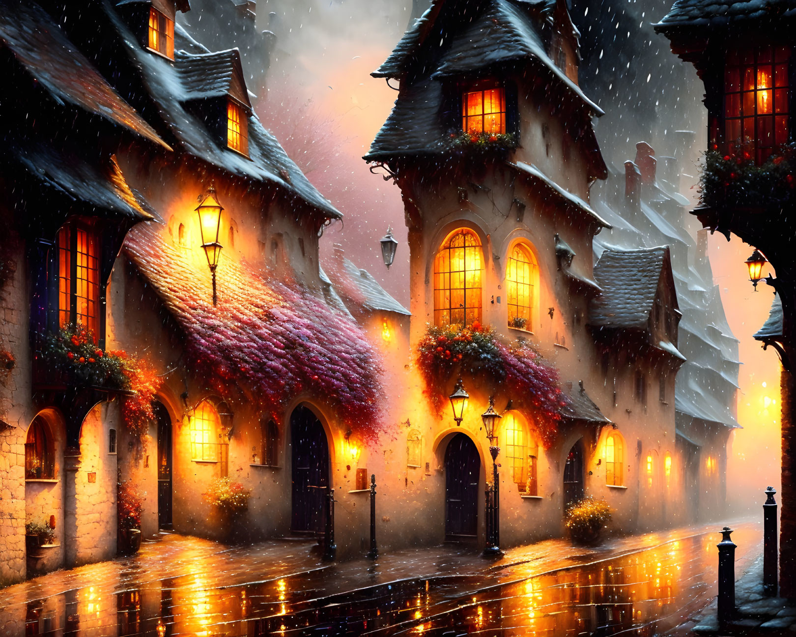 Snow-covered street with glowing lanterns and quaint houses under twilight sky