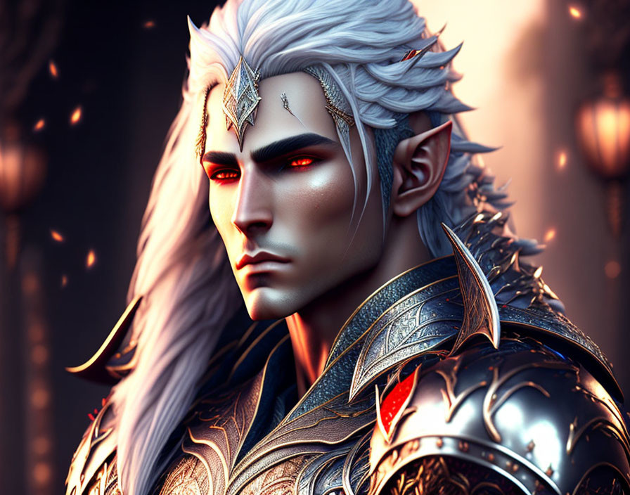 Silver-haired fantasy elf in intricate armor against warm backdrop