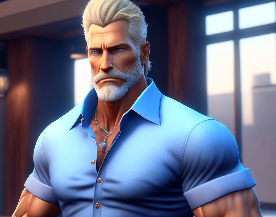 Grey-haired man with beard and blue eyes in blue shirt, animated image.