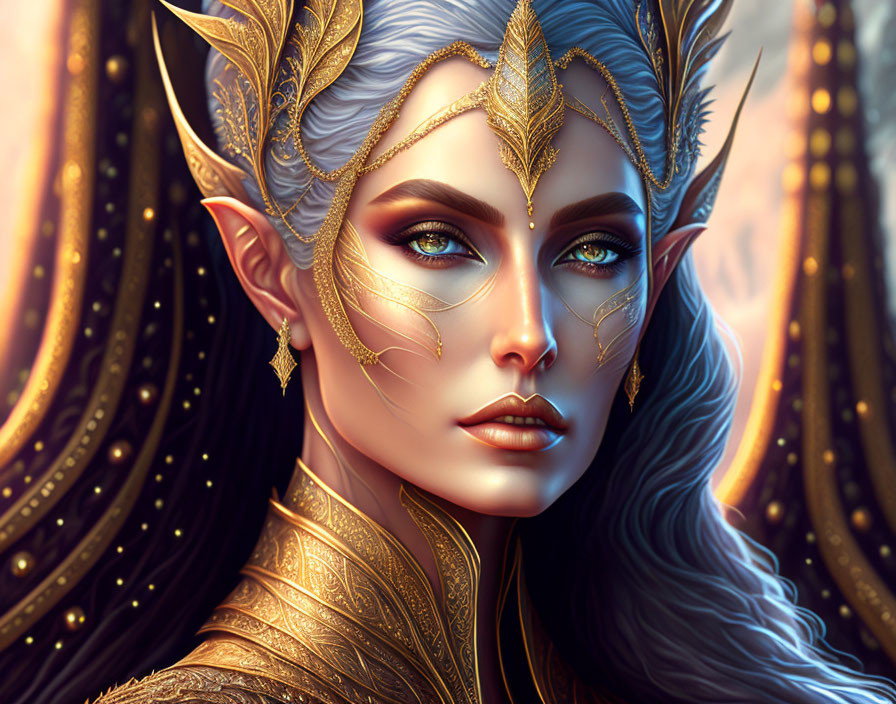 Fantasy female character with pointed ears, golden crown, blue eyes, and majestic cloak