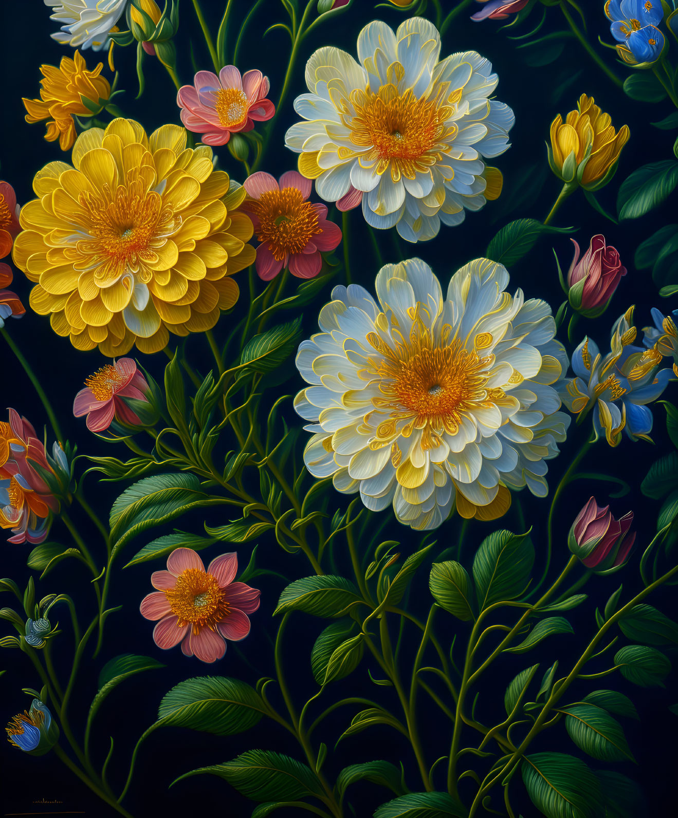 Colorful Floral Painting with Yellow, Pink, and Orange Flowers