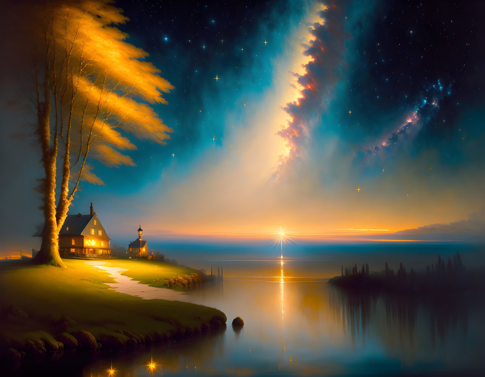 Tranquil landscape with cottage, water, starry sky, sunset, and trees