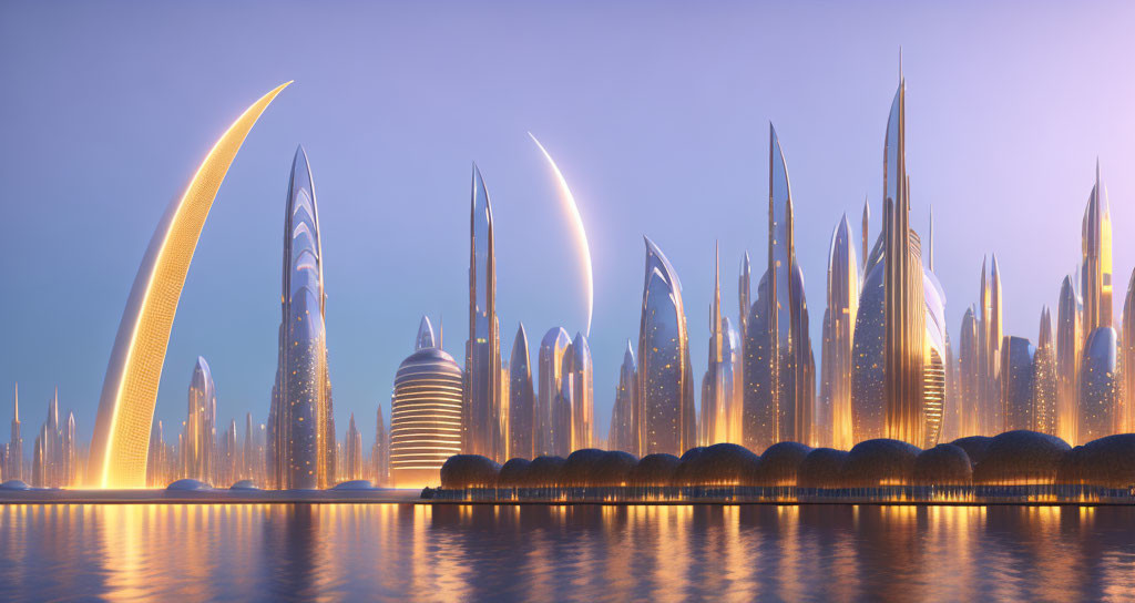 Futuristic city skyline with sleek high-rise buildings and waterfront reflection