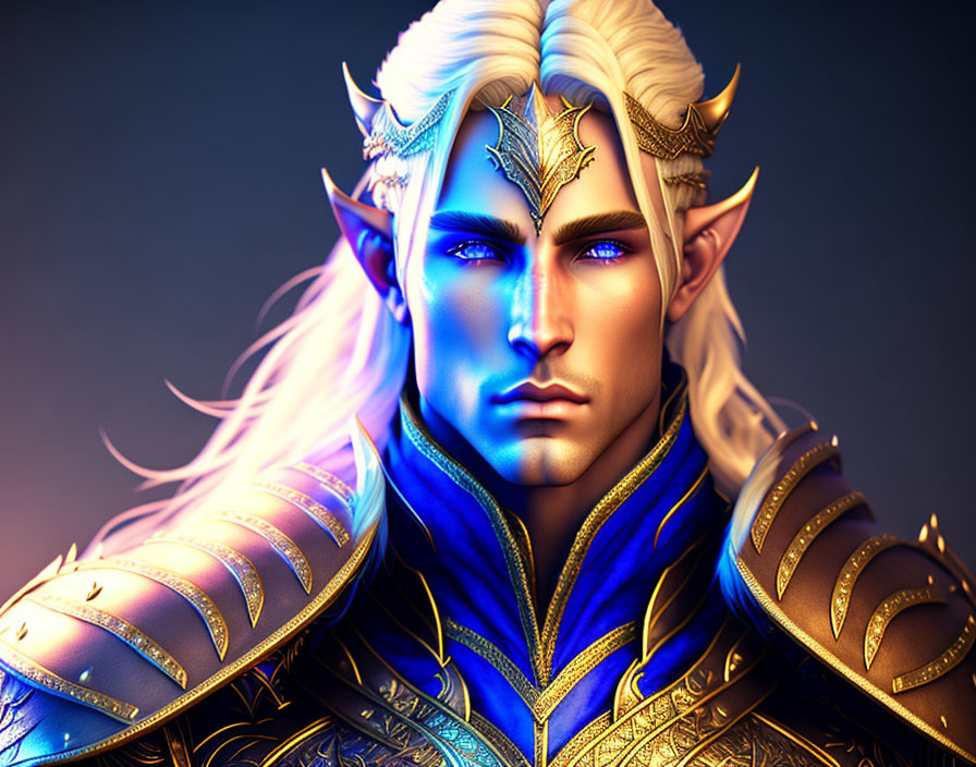 Elf illustration in golden armor and jewelry on blue background