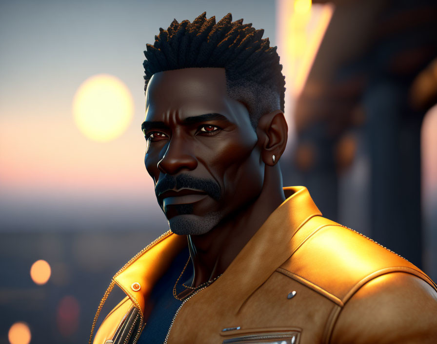 Stylized African American male character in leather jacket at sunset