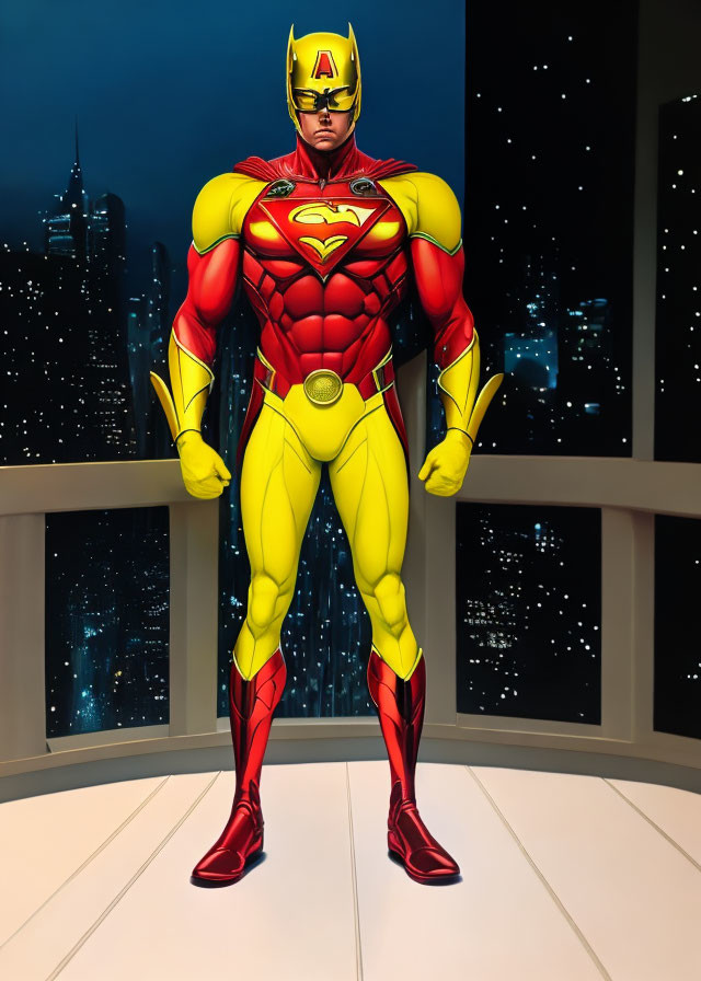 Muscular superhero in red and yellow costume overlooking cityscape at night