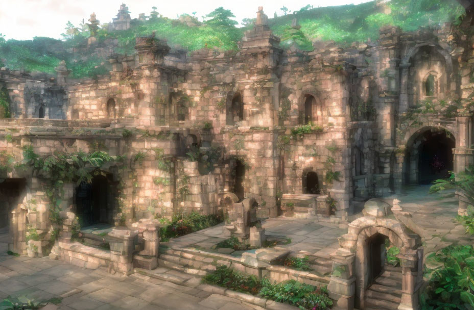 Ancient stone temple ruins engulfed by vines and sunlight.