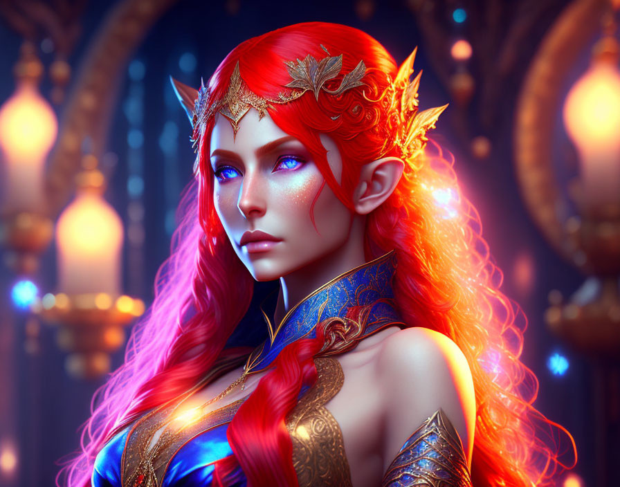 Fantasy elf digital art: red hair, blue skin, golden armor