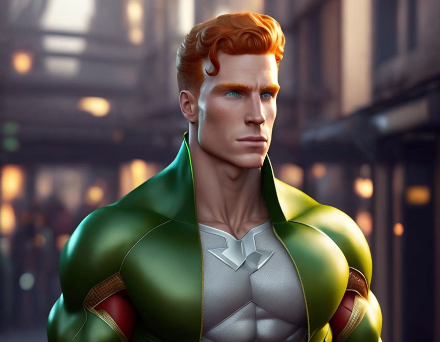 Muscular superhero with red hair in green and white costume against urban backdrop