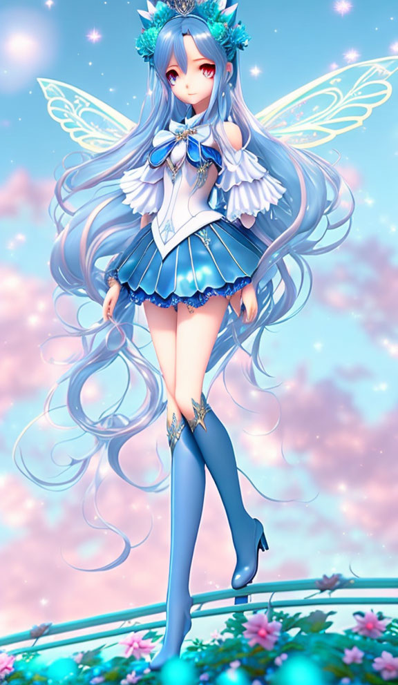 Illustrated female character with blue hair, wings, and intricate outfit in floral background