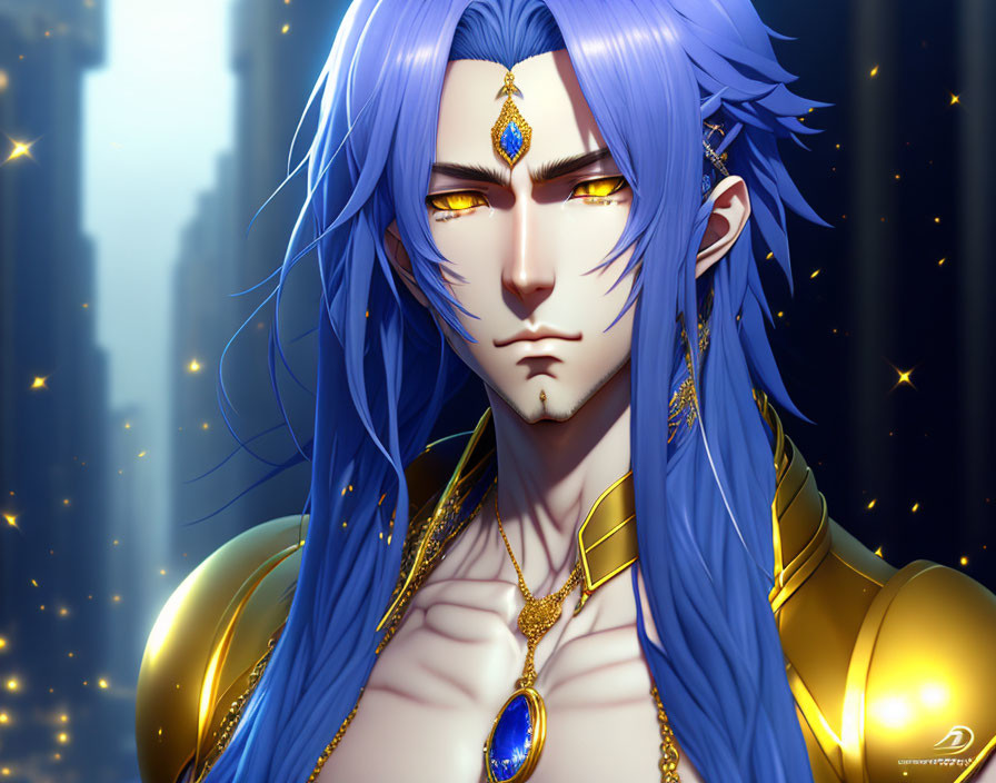 Regal character with long blue hair and golden eyes in elegant blue and gold attire