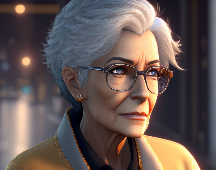 White-haired elderly woman in yellow blouse and glasses gazes thoughtfully.