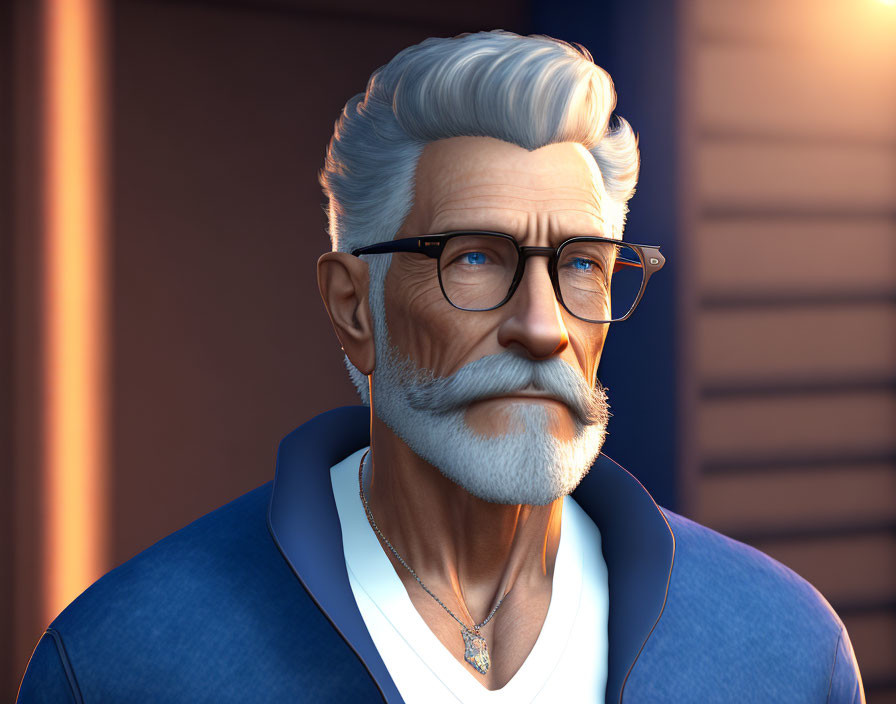 Elderly Man 3D Rendering in Blue Jacket with Gray Hair and Glasses