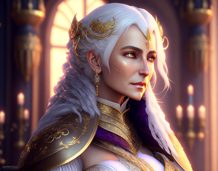 Elven queen with white hair, golden crown, purple cloak, and ornate armor in regal