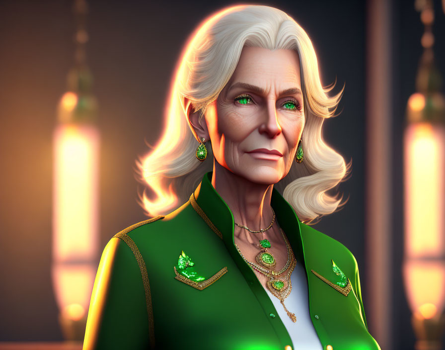 Elderly woman in green jacket with golden accessories on dark background