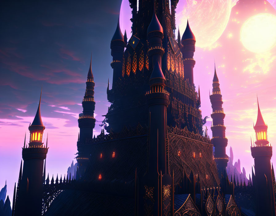 Gothic castle with spires under purple sky and large moon