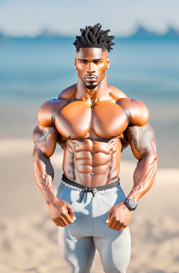 Muscular person with abs and chest on beach in gray shorts and watch