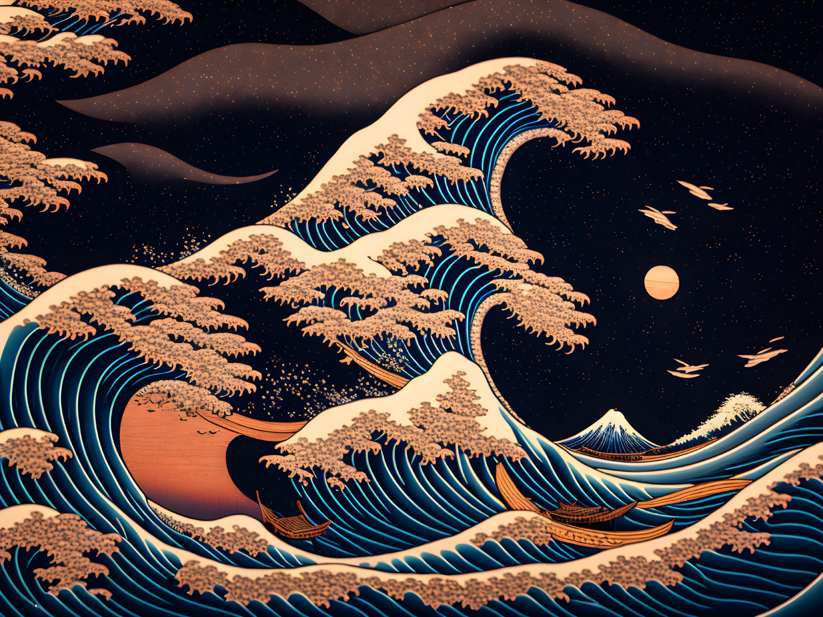 Illustration of foamy waves under night sky with crescent moon, birds, and mountains.