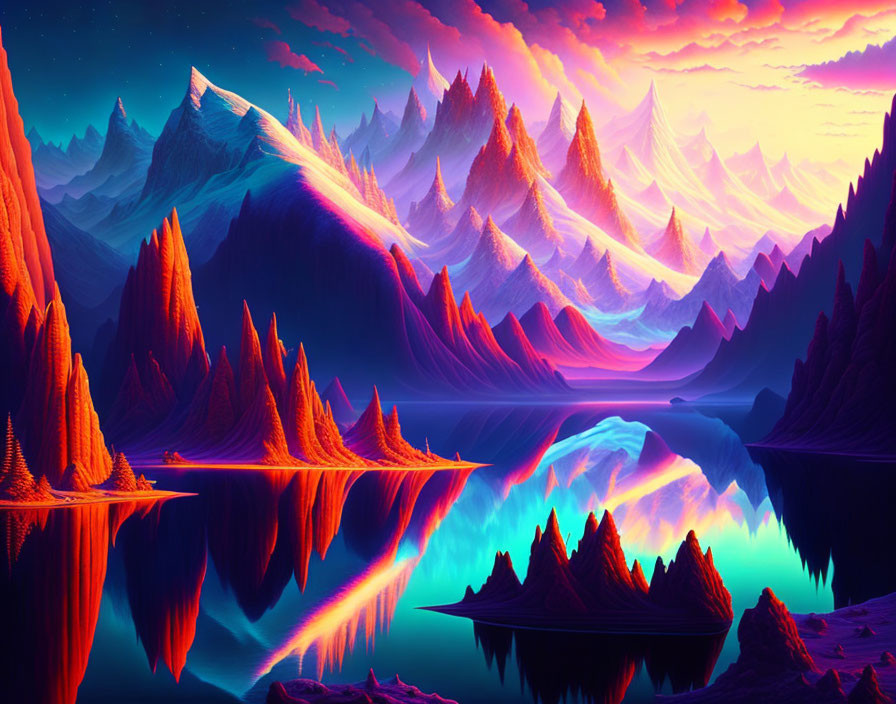 Surreal landscape digital artwork with neon colors and reflective lake