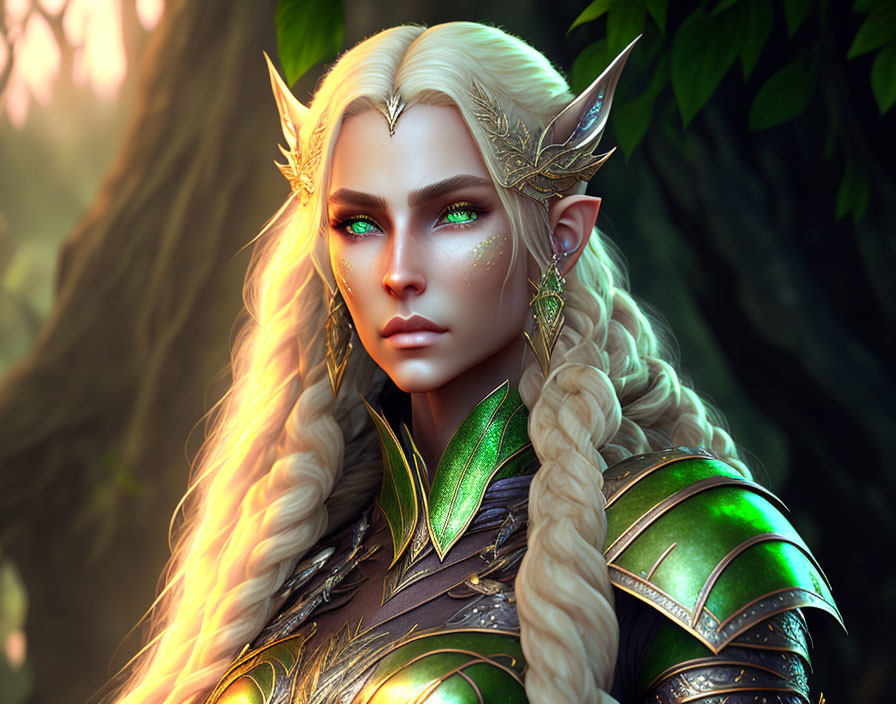 Blonde Braided Elf in Gold Armor in Sunlit Forest