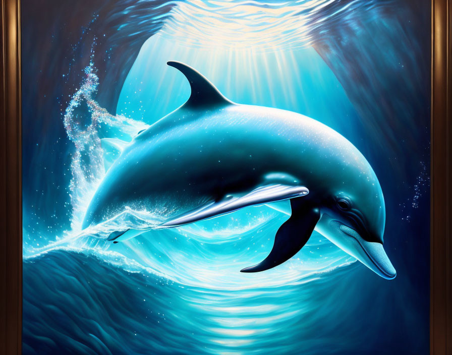 Dolphin leaping through ocean with light, framed on wall