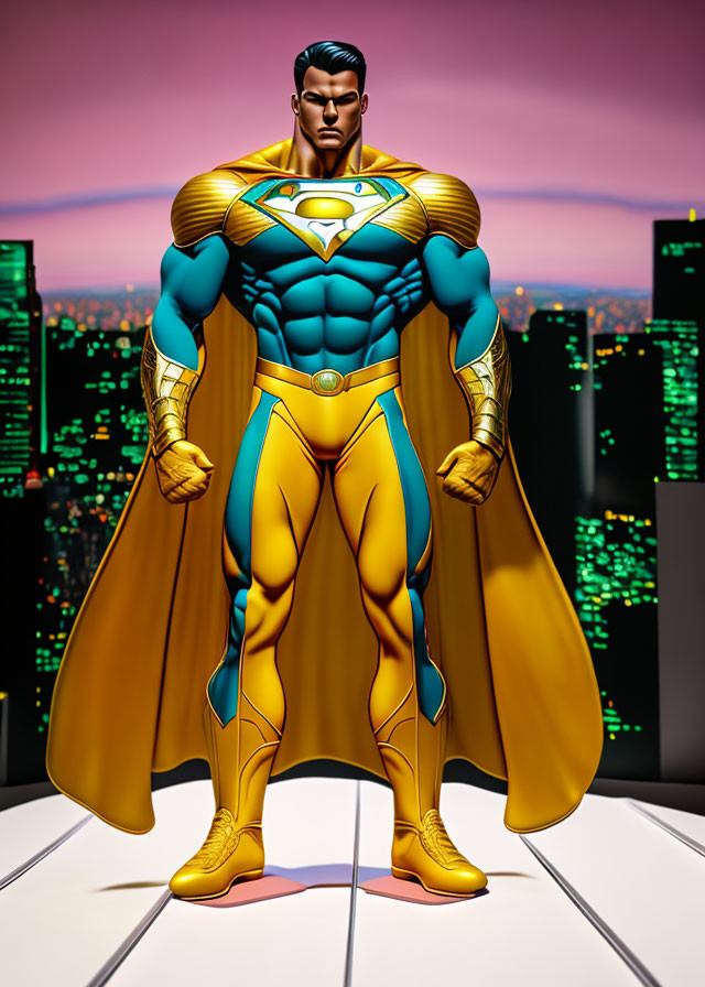 Muscular superhero in blue and yellow suit against cityscape at dusk