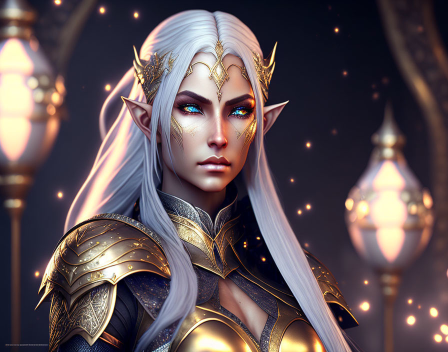 White-haired female elf in golden armor among glowing lanterns