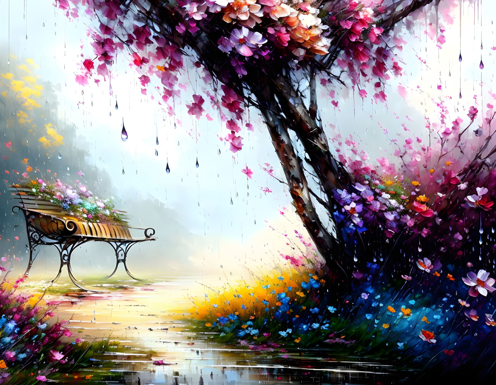 Colorful Flower Landscape with Bench, Rain, and Reflection