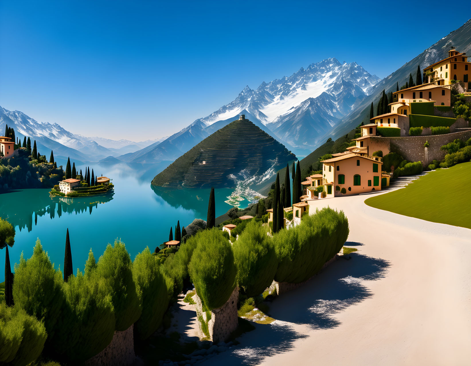 Tranquil lake surrounded by mountains, houses, and beachfront