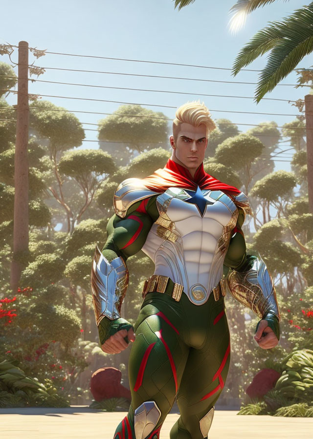 Muscular superhero in green, gold, and red costume in sunlit forest clearing