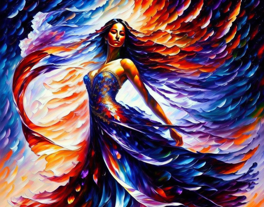 Colorful painting of woman with flowing hair and swirling dress in blue, purple, and orange.