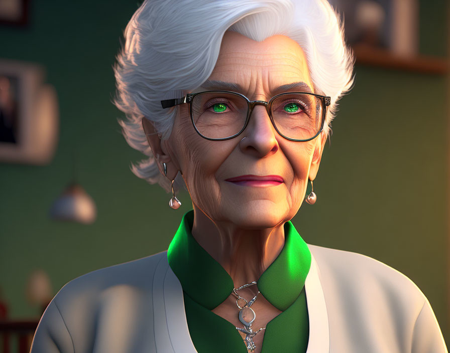 Elderly animated lady in white blouse and green cardigan gazes thoughtfully